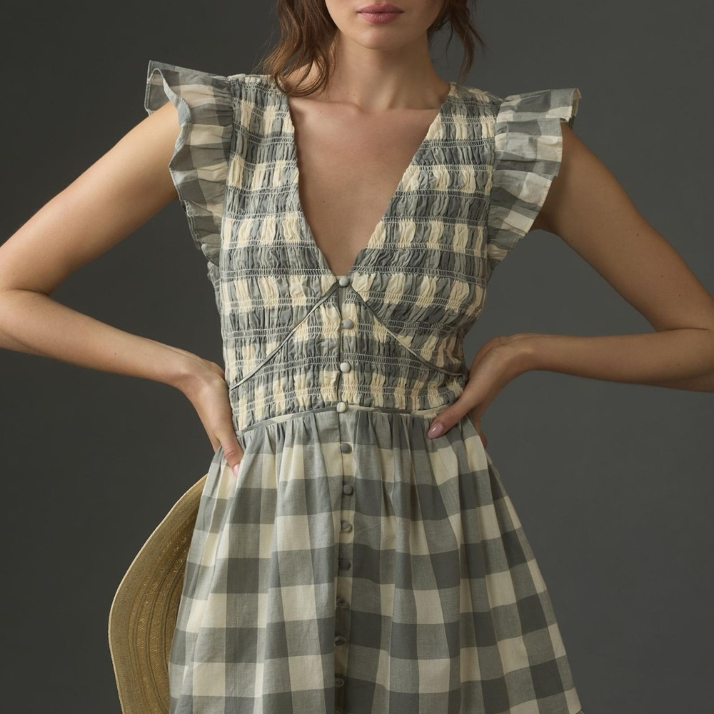 Anthropologie Gray and Cream Mini Dress with Ruffled Sleeves